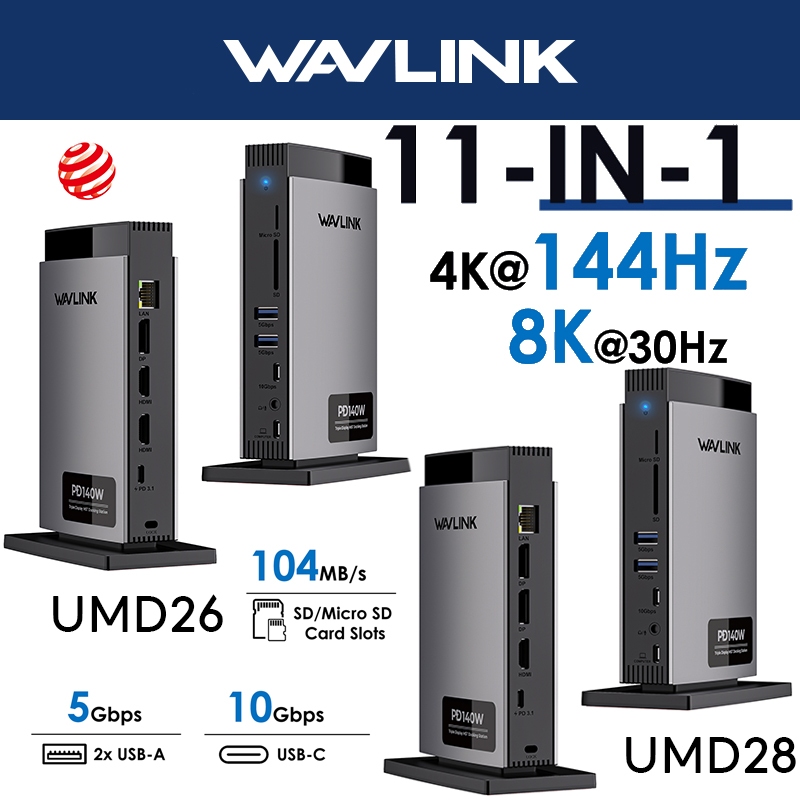WAVLINK USB C Docking Station Triple Display Dock 8K HDMI/Displayport พร้อม RJ45, 10G USB-C, 2 USB 3