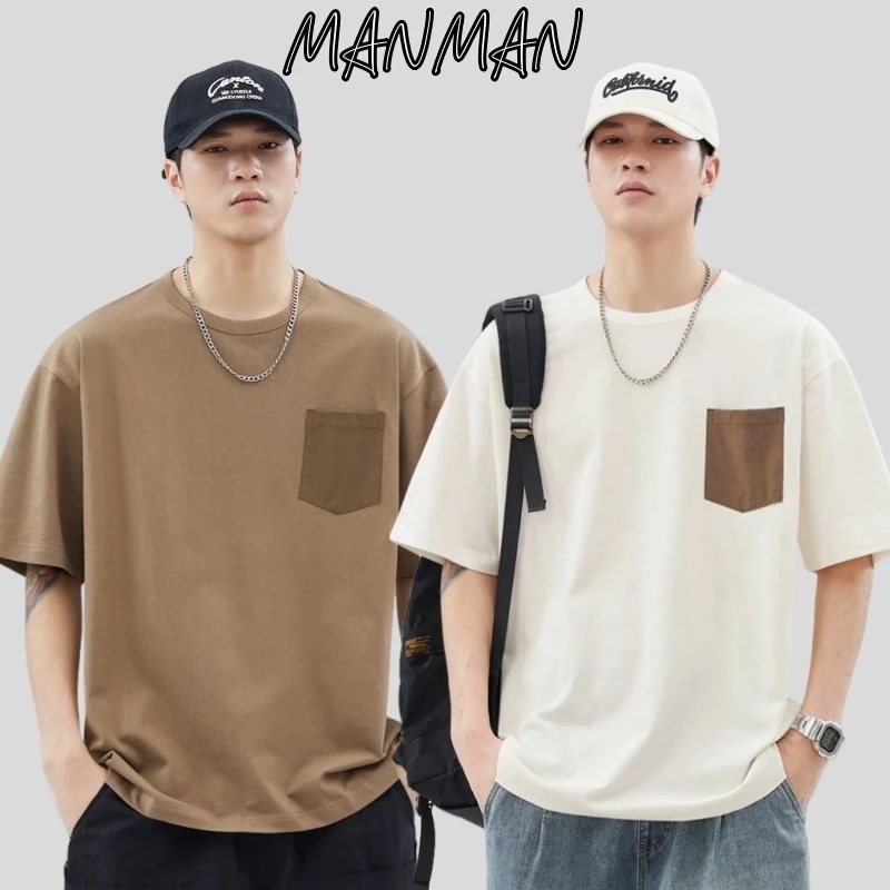 M&M แขนสั้นผู้ชายสไตล์ญี่ปุ่น เสื้อยืดแขนสั้น คอกลม มีกระเป๋า แฟชั่นเรียบง่าย