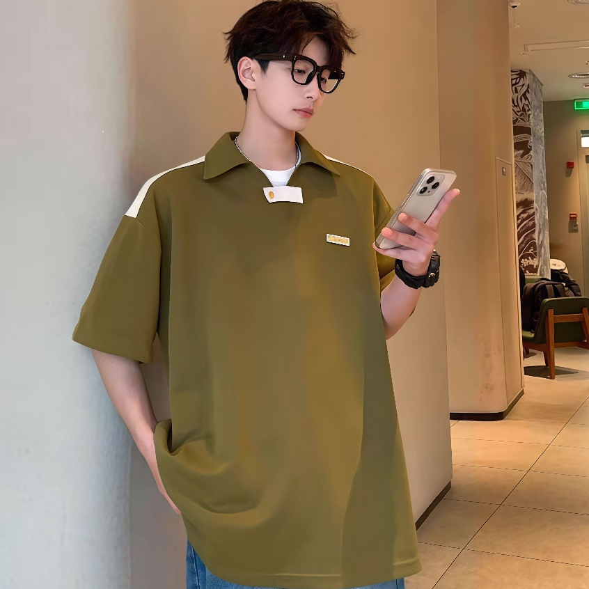 ProMan- เสื้อโปโลผู้ชาย  แนววินเทจสไตล์ญี่ปุ่น  กระดุม  คลาสสิกแมทช์ลุคง่าย  ปกพับ  แบบหลวม