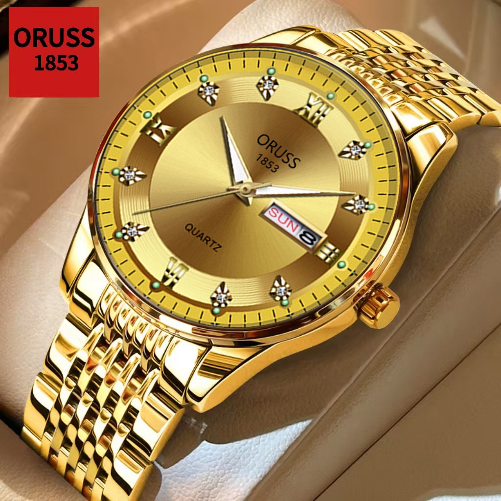 ORUSS รัส ต้นฉบับ ผู้ชายทองสแตนเลสหรูหราส่องสว่างปฏิทินคู่กันน้ํานาฬิกาแฟชั่นธุรกิจเกาหลีรุ่นควอตซ์นาฬิกาข้อมือ