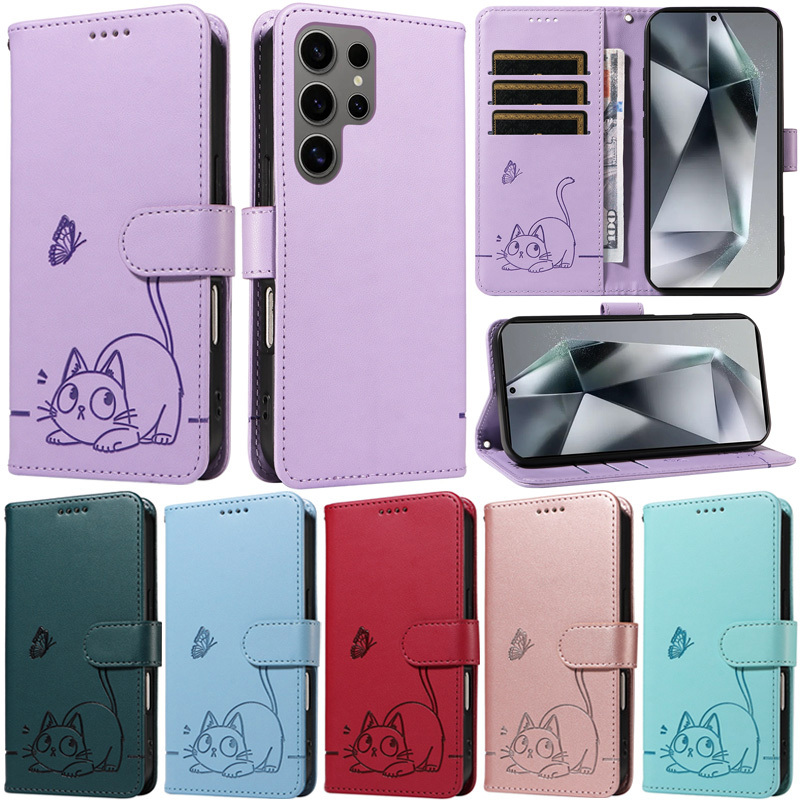 หรูหราสําหรับ Samsung Galaxy S25 Ultra S23 Plus S24 Ultra S21 FE S23 Ultra S21 Plus S22 Ultra S25 + S21 Ultra S24 + S23 + Slim Cat กระเป๋าสตางค์ผีเสื้อการ์ดปกหนังกรณี