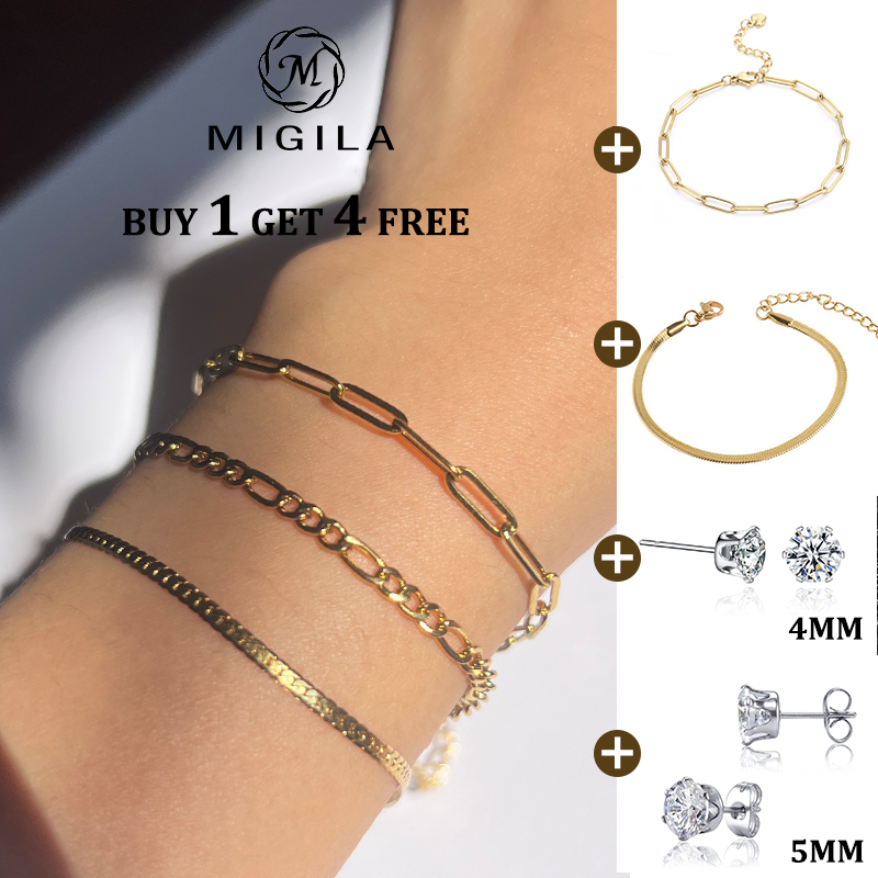 Migila ซื้อ 1 แถม 4 สร้อยข้อมือสแตนเลสสําหรับผู้หญิง Non-Tarnish Non-Fading