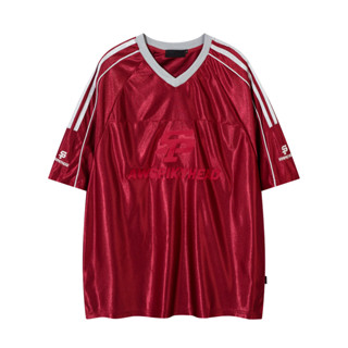 SUIKONE ซุยโคเนะ อเมริกันย้อนยุคคอวีลายแขนสั้นเสื้อยืดผู้ชาย…