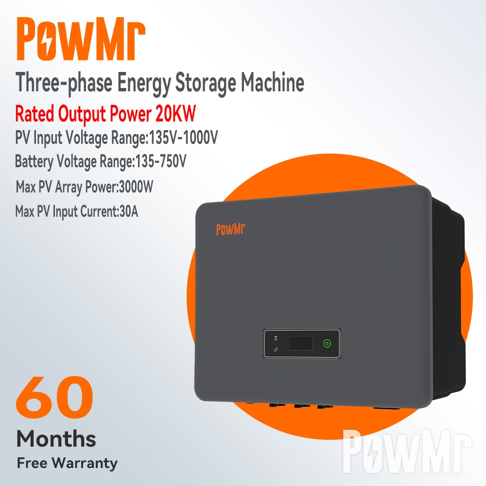 Powmr แรงดันไฟฟ้าสูงซ้อน 20KWh แบตเตอรี่ 20KW Hybrid Solar Inverter สําหรับสามเฟสเอาต์พุตระบบพลังงาน