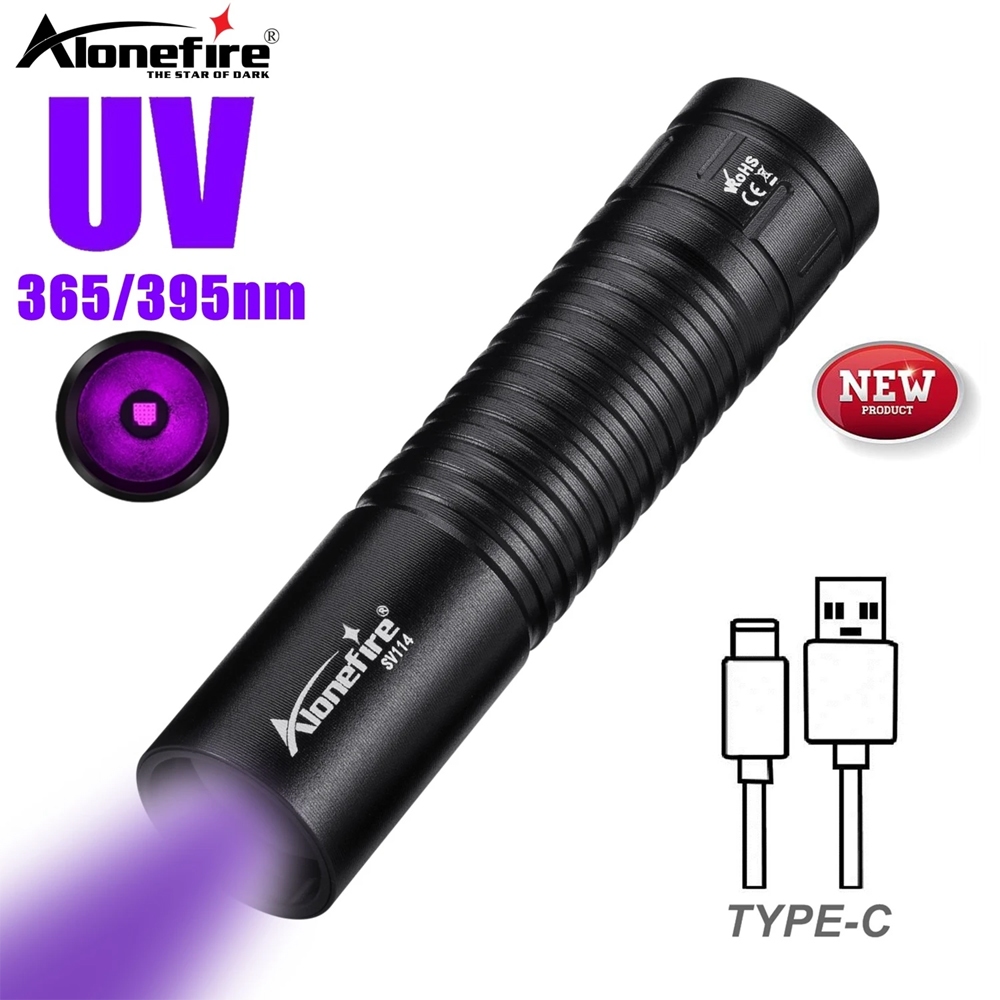 Alonefire SV114 395/365nm UV ไฟฉาย USB ชาร์จ Mini อัลตราไวโอเลตเล็บโคมไฟไฟฉายสัตว์เลี้ยงปัสสาวะแมว tinea เงิน Ore Marker การตรวจจับแสง