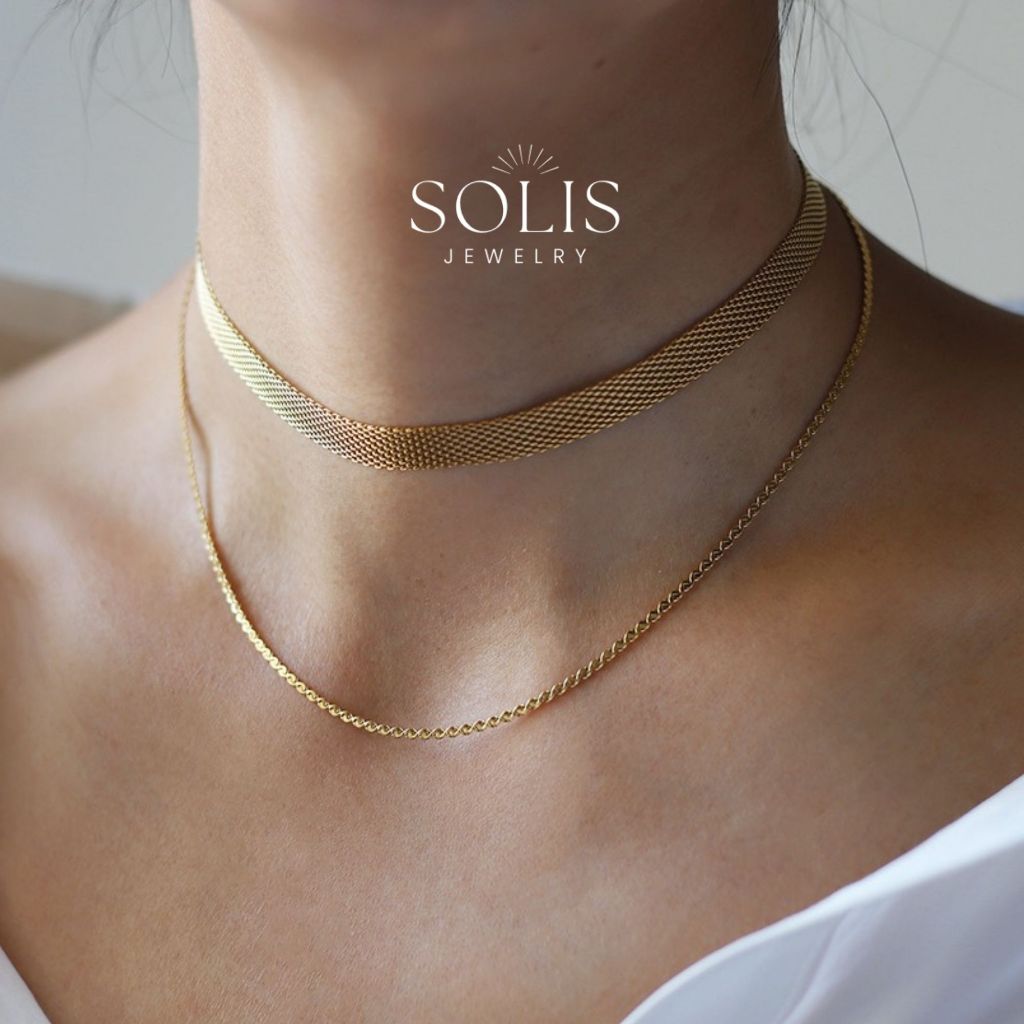 สร้อยคอโชคเกอร์โซ่ริบบิ้นกว้าง 2 ชั้น • กันน้ําไม่ขัด • สร้อยคอแฟชั่นผู้หญิง NL290