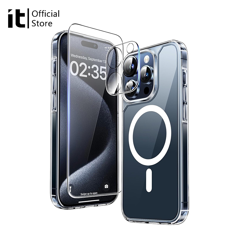 [IT]3 In 1 Magnetic สําหรับ iPhone 15 Pro Max 16 Pro Max 16 PLUS 15 PLUS Case, และ 1* ตัวป้องกันหน้าจอ + 1* ตัวป้องกันเลนส์กล้อง, เคสสําหรับ iPhone 11 -16 - ใส