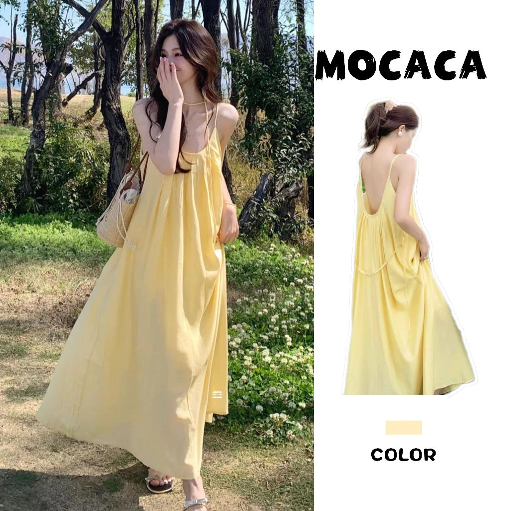MOCACA✨เดรสออกงาน ชุดเดรสยาว ดเดรสผู้หญิง เนื้อผ้าใส่สบาย ชุดเที่ยวทะเล ทรงหลวม คอกลม