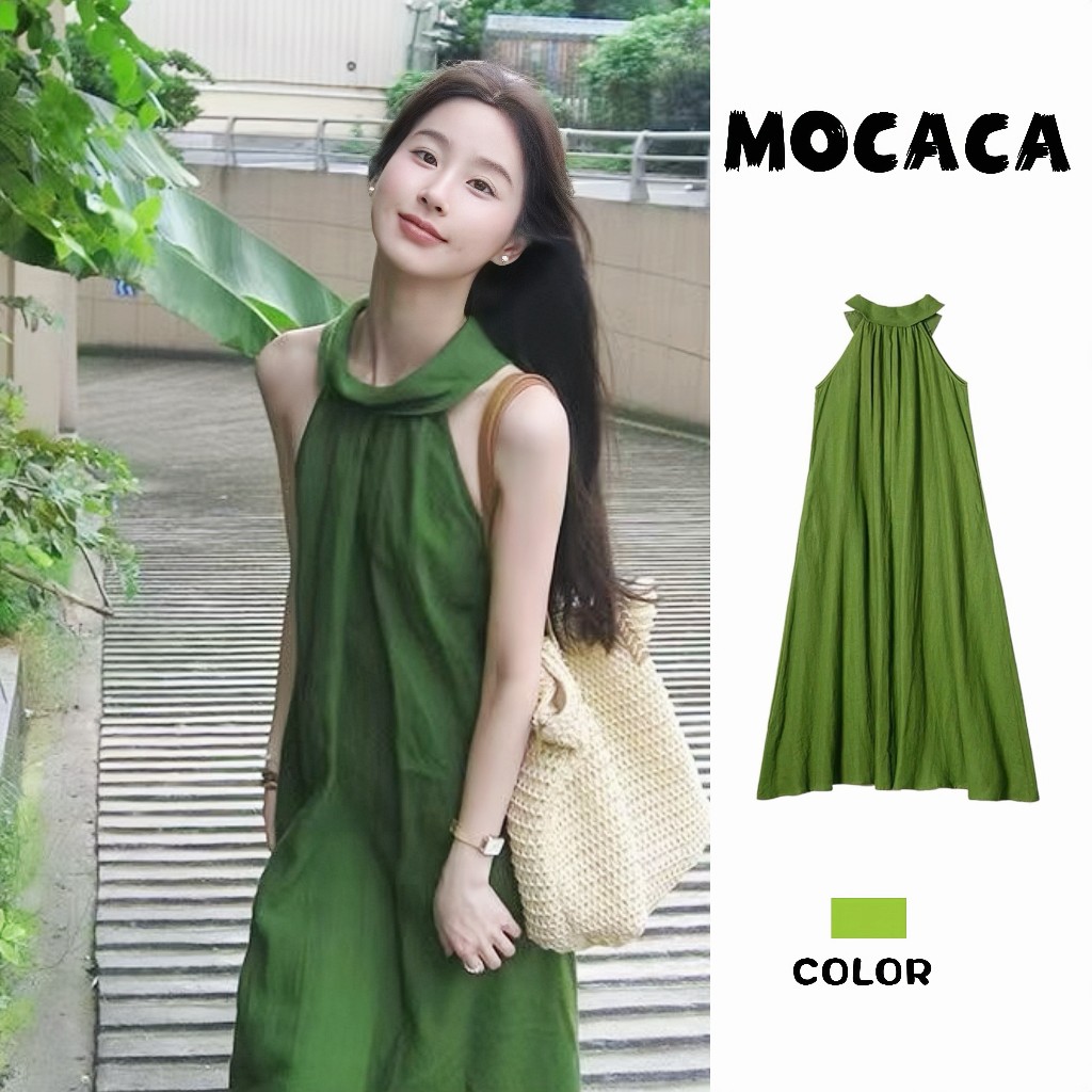 MOCACA💋เดรสออกงาน ชุดเดรสยาว  สีพื้น สไตล์ลำลอง🔥 ชุดเดรสสไตล์เกาหลีเรียบง่าย กระโปรงสายเดี่ยวทรงเอเปิดไหล่