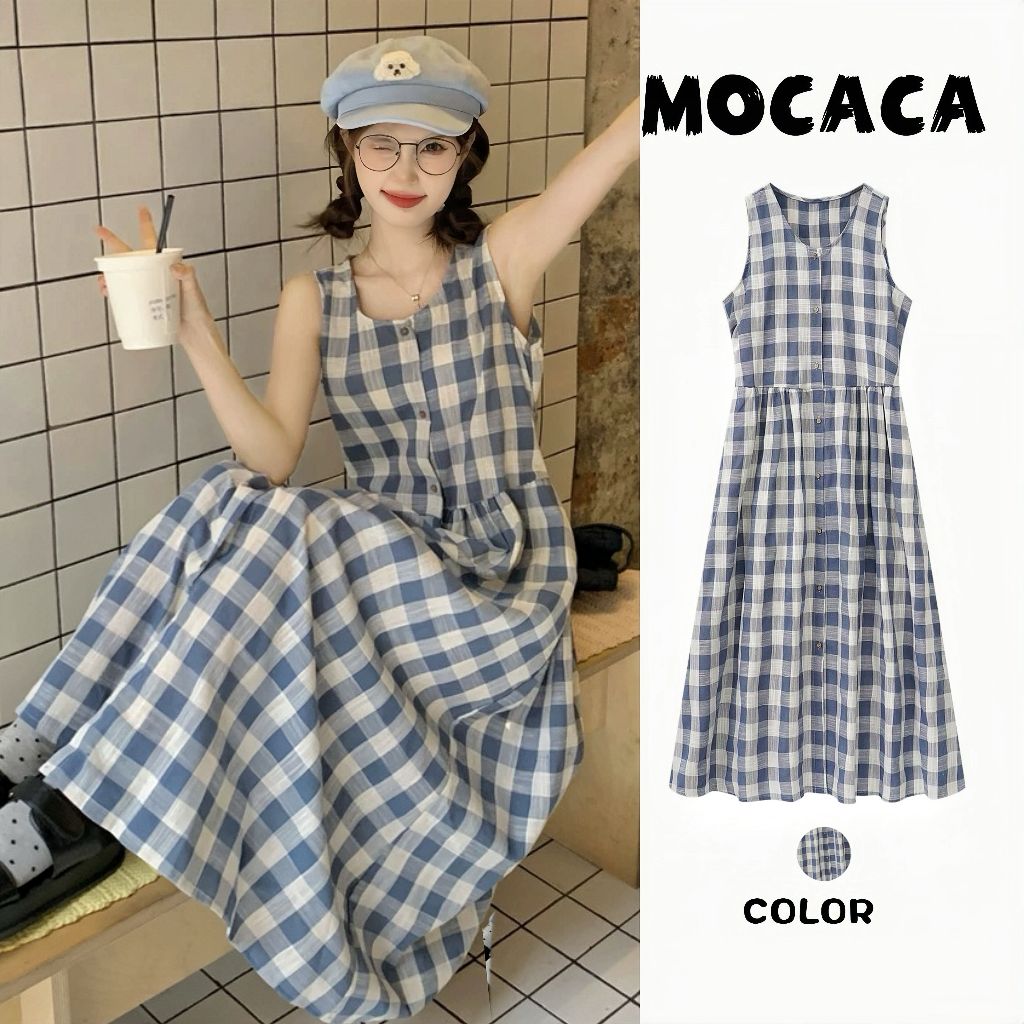 MOCACA💖สินค้าพร้อมส่ง💋ชุดเดรสยาว เดรสแขนกุด ชุดเที่ยวทะเล เนื้อผ้าใส่สบาย แฟชั่น มินิมอล กระดุมใช้งานได้จริง ใส่สบาย