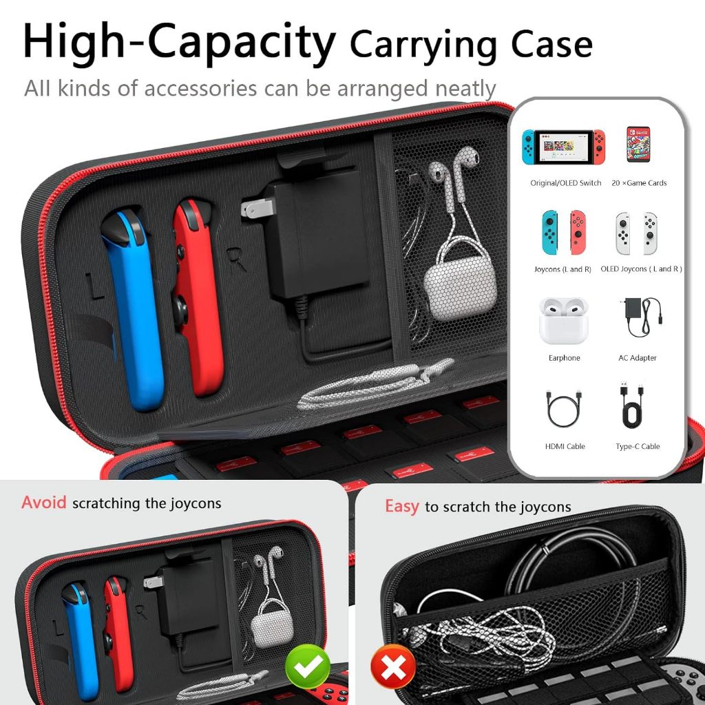 กระเป๋าเคสแข็งความจุขนาดใหญ่แบบพกพาเหมาะสําหรับอะแดปเตอร์เกม Nintendo Switch และ Switch OLED Joy-Con และ 20