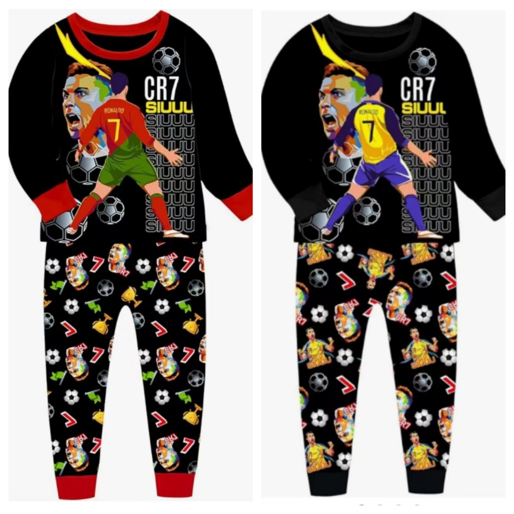 Boys Cool Cristiano Ronaldo ชุดนอนฟุตบอลผ้าฝ้ายนุ่ม CR7 Homewear เสื้อผ้าเด็กชุดเด็ก Nightdress 90 ซม.-130 ซม. 1 ชุด