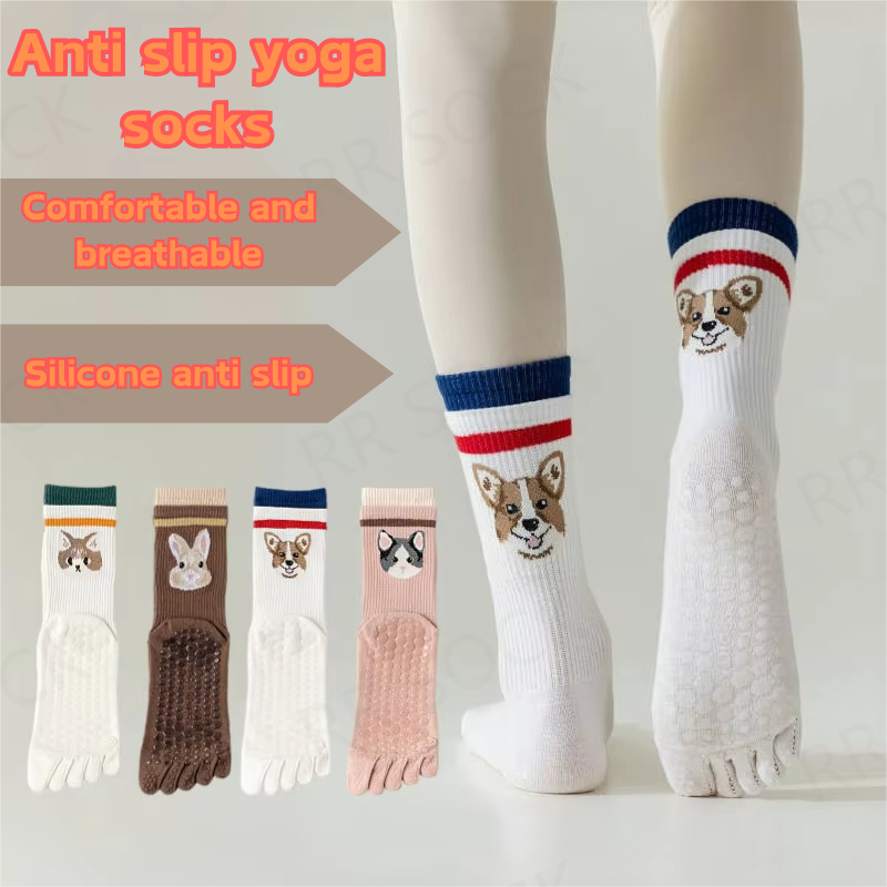 ถุงเท้าโยคะสตรีการ์ตูนลื่นพิลาทิสบัลเล่ต์กีฬาผ้าฝ้ายห้านิ้วถุงเท้าแห้งเร็ว