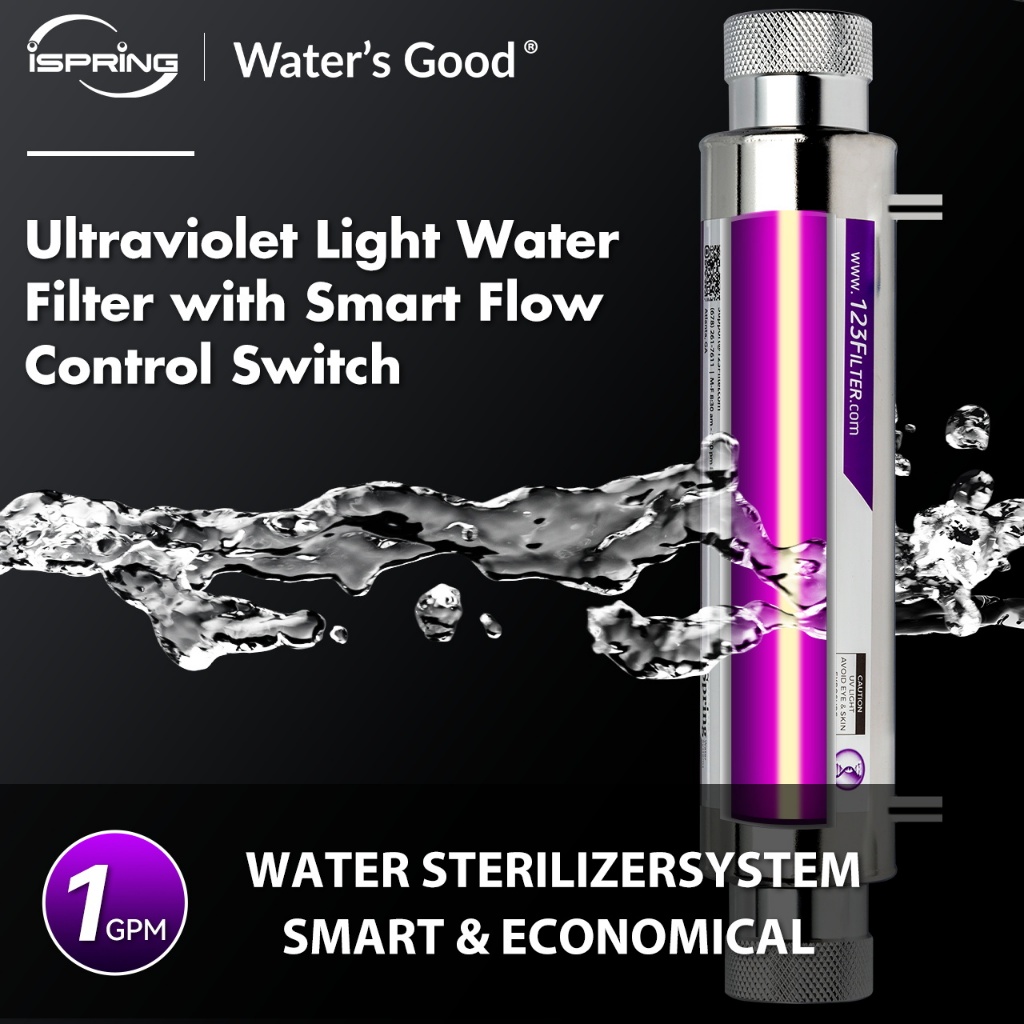 Ispring UVF11B UV เครื่องกรองน้ําอัลตราไวโอเลต UV โคมไฟ 11W 1 GPM สมาร์ทสวิทช์ควบคุมการไหล กําจัดแบคทีเรียและจุลินทรีย์อื่นๆในน้ํา 220V 10-INCH