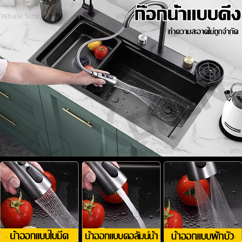 🔥แผงหนาขึ้น 4 มม🔥ซิงค์ล้างจาน สแตนเลสนาโน ซิงค์สแตนเลส อ่างล้างจาน โหมดการออกน้ำ 4 แบบ พร้อมเครื่องล้างถ้วย อุปกรณ์เสริม 10 แบบ สแตนเลส 304 ขนาด 75*46/80*46 ชุดครัว ล้างจาน งอ่างล้างจาน ซิงค์ครั - รูปที่ 6