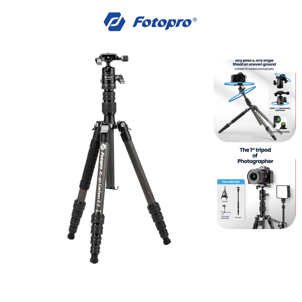 Fotopro X-GO Carbon VIDEO E 2 ขาตั้งกล้องคาร์บอนไฟเบอร์, ขาตั้งกล้องขนาดกะทัดรัดพร้อมหัวบอล, Monopod ที่ถอดออกได้พร้อมแผ่นและกระเป๋า Quick Release รับน้ําหนักได้ถึง 8KG/17.3lbs