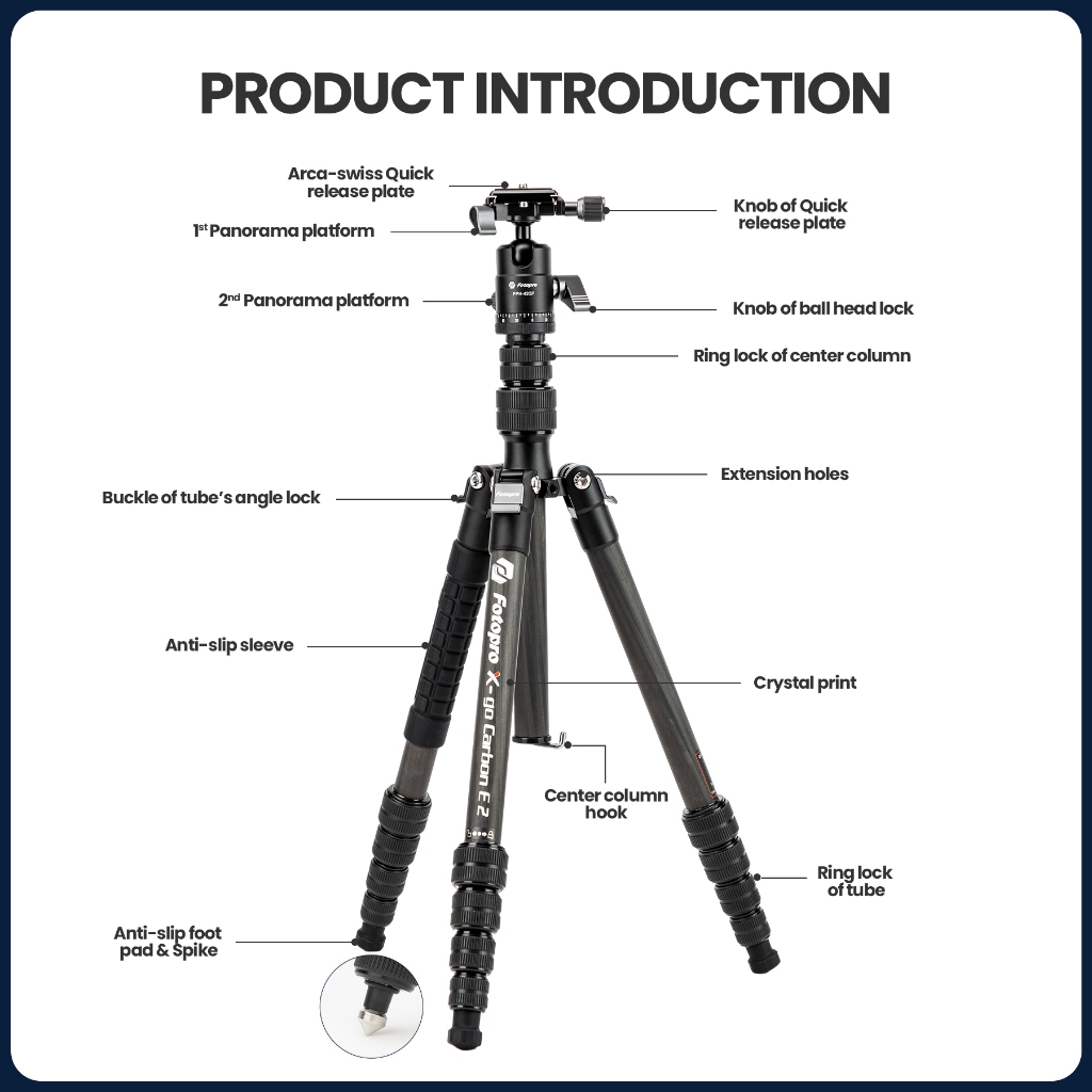 Fotopro X-GO Carbon VIDEO E 2 ขาตั้งกล้องคาร์บอนไฟเบอร์, ขาตั้งกล้องขนาดกะทัดรัดพร้อมหัวบอล, Monopod ที่ถอดออกได้พร้อมแผ่นและกระเป๋า Quick Release รับน้ําหนักได้ถึง 8KG/17.3lbs