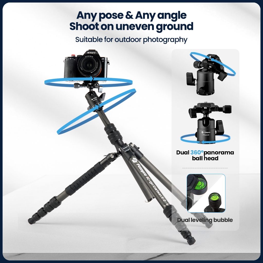 Fotopro X-GO Carbon VIDEO E 2 ขาตั้งกล้องคาร์บอนไฟเบอร์, ขาตั้งกล้องขนาดกะทัดรัดพร้อมหัวบอล, Monopod ที่ถอดออกได้พร้อมแผ่นและกระเป๋า Quick Release รับน้ําหนักได้ถึง 8KG/17.3lbs