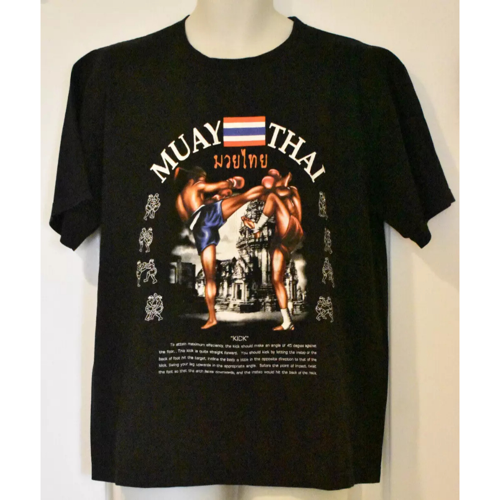 เสื้อมวยไทยวินเทจ Mens Size L Black Kick Lesson Graphic Y2K MMA Fight