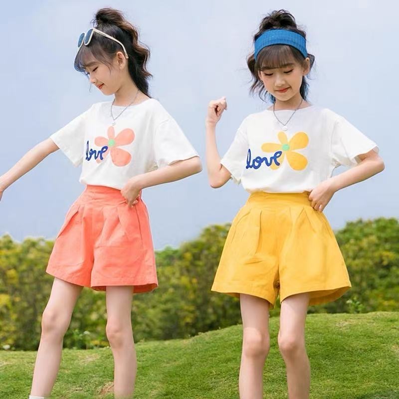 ชุดกีฬาฤดูร้อนสําหรับเด็กสาวชุดเสื้อผ้า 2 ชิ้นสีเหลืองสําหรับ 15-16 ปีเด็กสาว