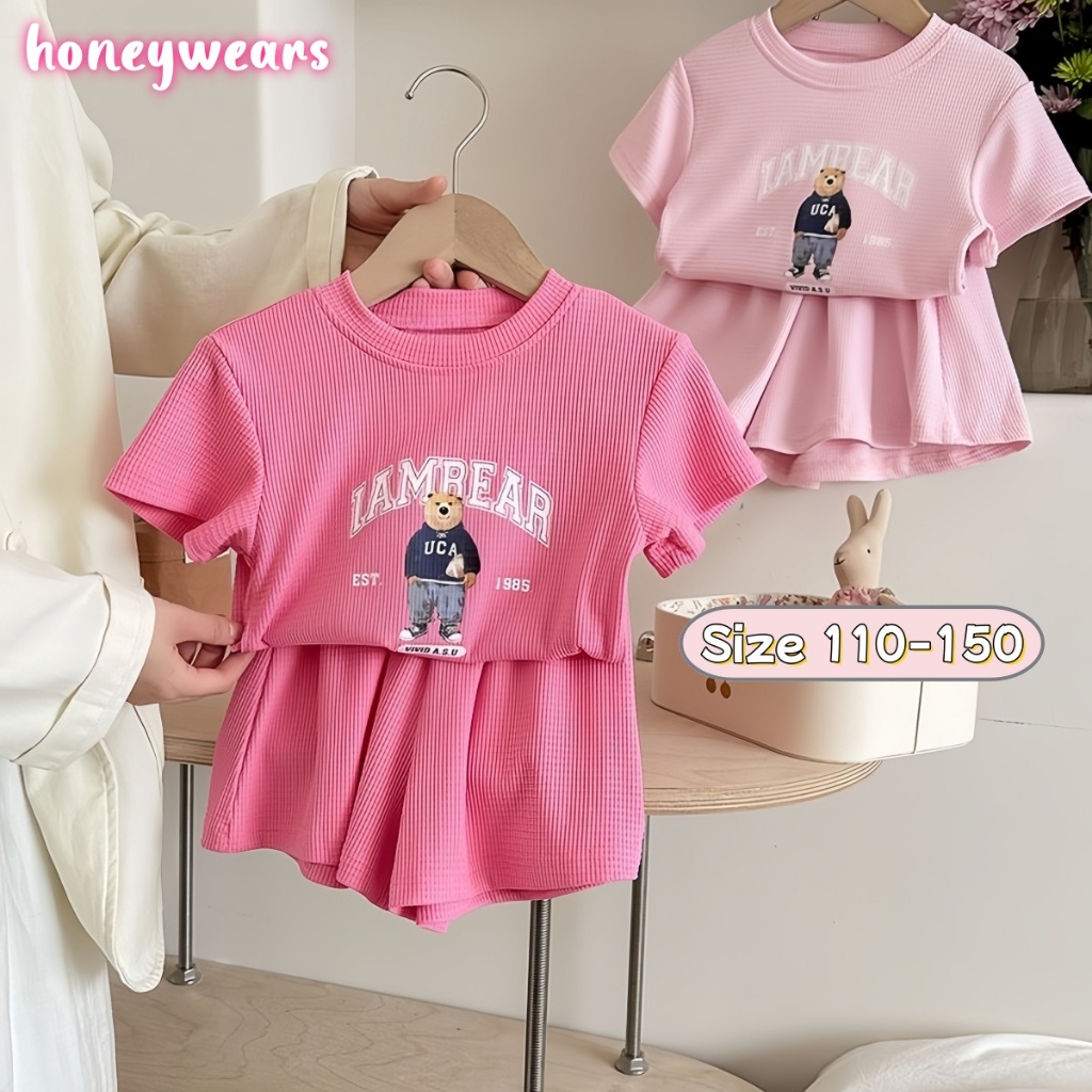 honeywears⚡️พร้อมส่ง⚡️ชุดแขนสั้นฤดูร้อนสำหรับเด็กชายและเด็กหญิง เสื้อยืดกีฬาการ์ตูนกางเกงขาสั้นเด็ก ชุดลำลองสองชิ้น ไซส์ 110-150