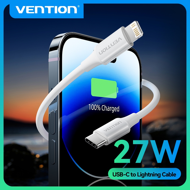 Vention USB 2.0 Type-C ตัวผู้ เป็น Lightning LAJ สายข้อมูล 27W, สายการชาร์จอย่างรวดเร็วของ Apple 3A กระแสสูง มีเสถียรภาพและใช้งานได้ดีไม่มีหน้าต่างกระสุน