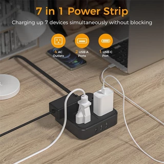 TESSAN สายต่อพ่วงพร้อมพอร์ต USB และ Type C ปลั๊กแบน รางปลั๊กไฟแบบพกพา คุณภาพสูง