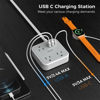 TESSAN สายต่อพ่วงพร้อมพอร์ต USB และ Type C ปลั๊กแบน รางปลั๊กไฟแบบพกพา คุณภาพสูง