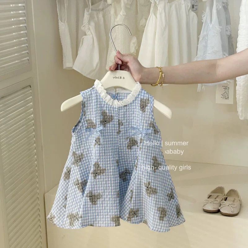 สาวชุดเจ้าหญิงน่ารักชุดสินค้าใหม่ฤดูใบไม้ผลิทารกแฟชั่นชุดเสื้อกั๊กหมีลายสก๊อตสีฟ้า