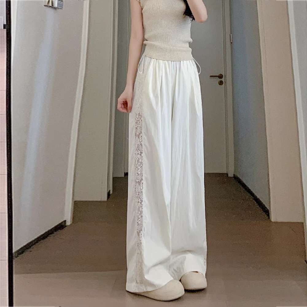 Alisa.Sonya กางเกงขากว้าง เอวสูง ลูกไม้ปะติด สีขาว ทรงหลวม ผู้หญิง 24AS1230