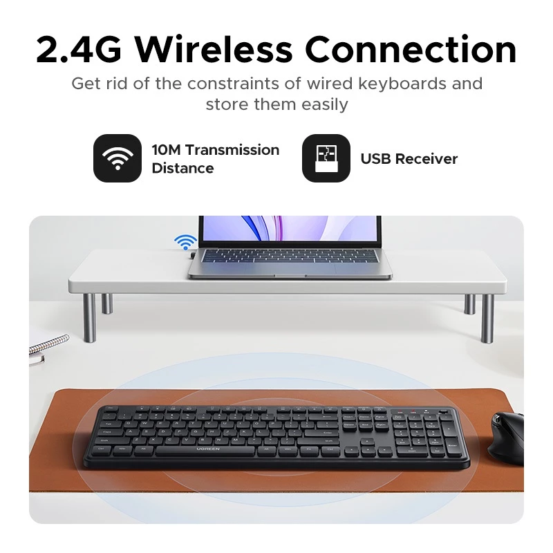 Ugreen 2.4G คีย์บอร์ดไร้สาย Slient การออกแบบตามหลักสรีรศาสตร์ 10M เกียร์ 104 คีย์ขาตั้งแบบพับได้ปุ่มปิดเสียงสําหรับ MacBook Air MacBook Pro MateBook 14 Windows 7/8.1/10/11 Linux thumbnail 4