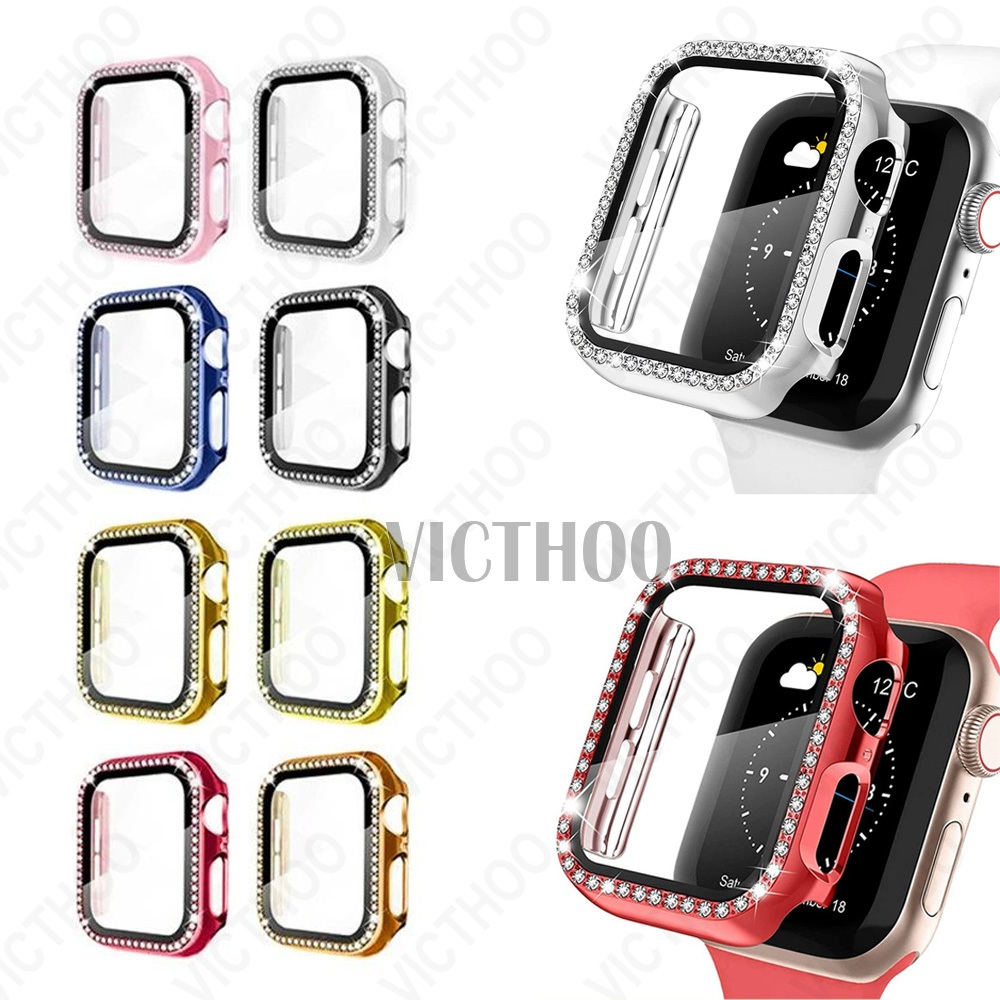 Bling กรณีเพชรป้องกันหน้าจอกระจกนิรภัย เชลล์ครอบครองเต็มสำหรับ iWatch Series 11/10/9/8/7/6/5/4/3 / SE Ultra 2 49mm 46mm 44mm 45mm 41mm 42mm 40mm 38mm ราคา ถูกที่สุด ดีลบีเคเค