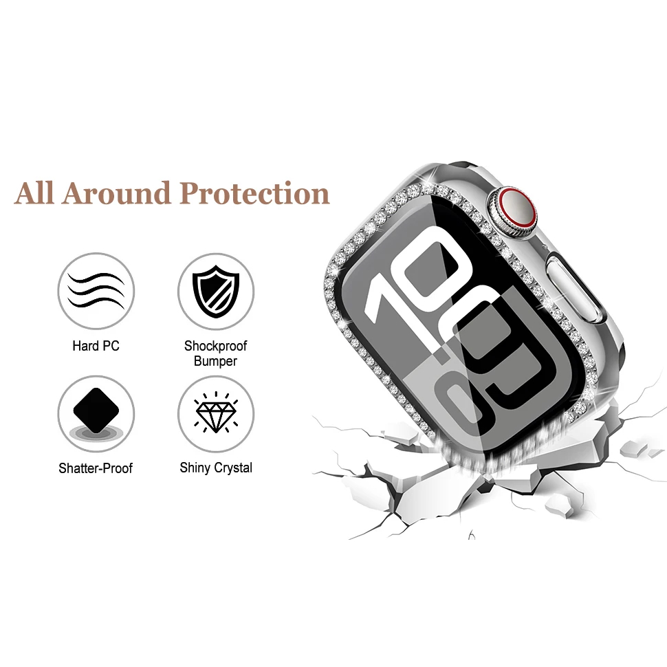 Bling กรณีเพชรป้องกันหน้าจอกระจกนิรภัย เชลล์ครอบครองเต็มสำหรับ iWatch Series 11/10/9/8/7/6/5/4/3 / SE Ultra 2 49mm 46mm 44mm 45mm 41mm 42mm 40mm 38mm ราคา ถูกที่สุด ดีลบีเคเค แกลเลอรีภาพที่ 2