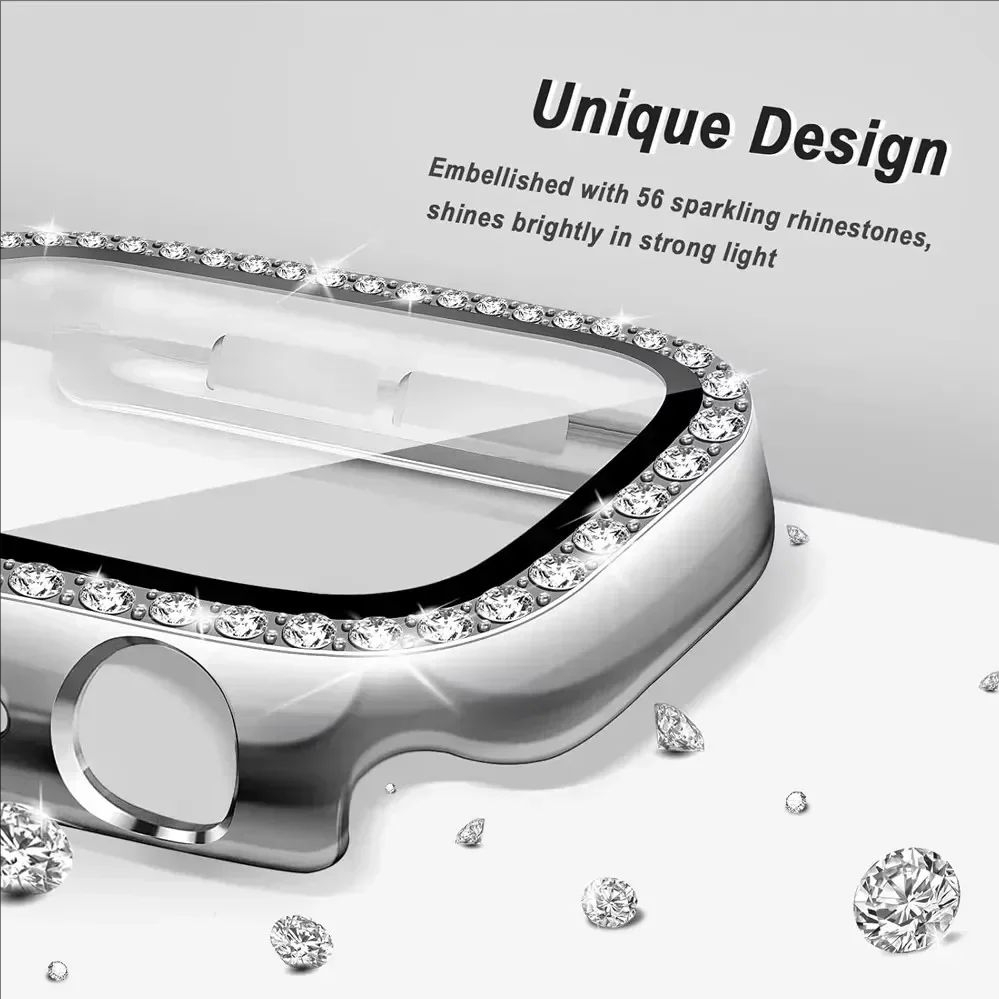 Bling กรณีเพชรป้องกันหน้าจอกระจกนิรภัย เชลล์ครอบครองเต็มสำหรับ iWatch Series 11/10/9/8/7/6/5/4/3 / SE Ultra 2 49mm 46mm 44mm 45mm 41mm 42mm 40mm 38mm ราคา ถูกที่สุด ดีลบีเคเค แกลเลอรีภาพที่ 5