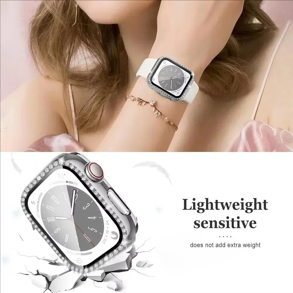 Bling กรณีเพชรป้องกันหน้าจอกระจกนิรภัย เชลล์ครอบครองเต็มสำหรับ iWatch Series 11/10/9/8/7/6/5/4/3 / SE Ultra 2 49mm 46mm 44mm 45mm 41mm 42mm 40mm 38mm ราคา ถูกที่สุด ดีลบีเคเค แกลเลอรีภาพที่ 6