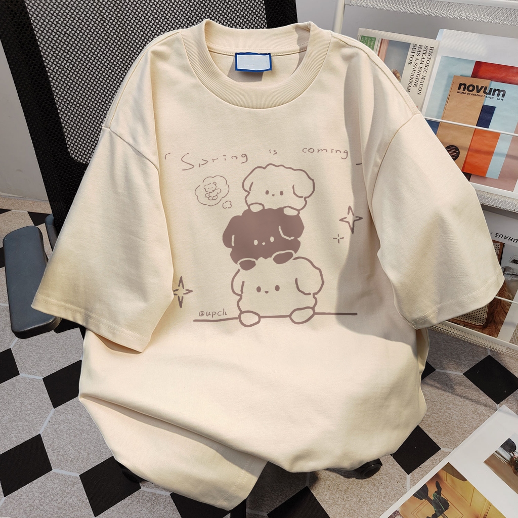 TIHIK เสื้อยืดผู้หญิง ผ้าคอตตอน100% ลายน่ารักลูกสุนัข เนื้อผ้านุ่ม สีสวย ใส่สบาย I004100