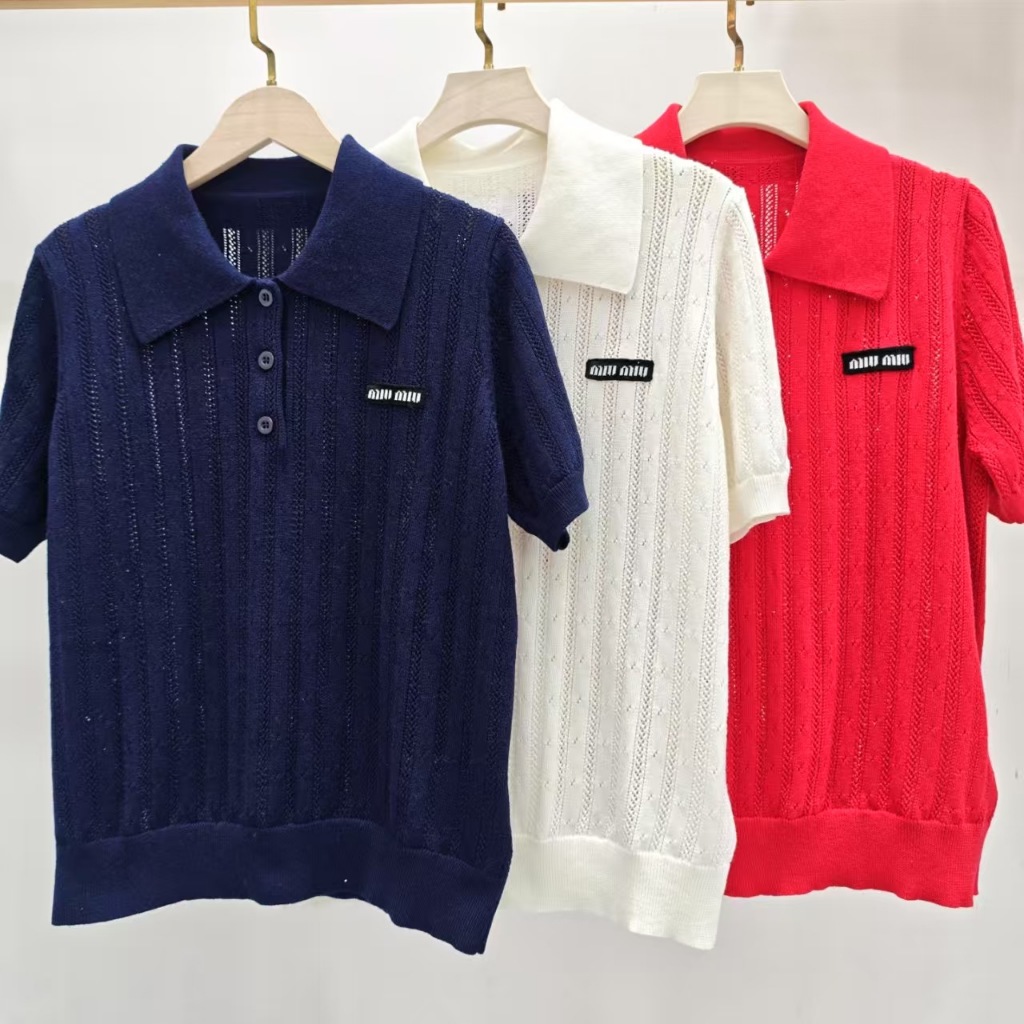 MIUMI * polo Collar Picking Hole Knit Short Sleeve
