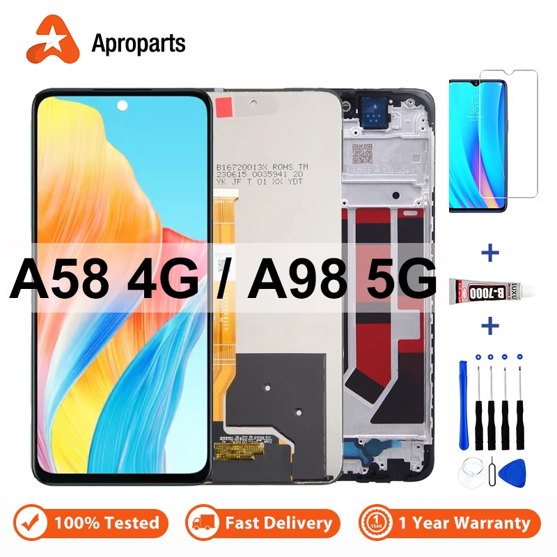 6.72 หน้าจอ LCD สําหรับ OPPO A58 4G A98 5G CPH2577 CPH2529 จอแสดงผล Touch Screen Digitizer Assembly กรอบ