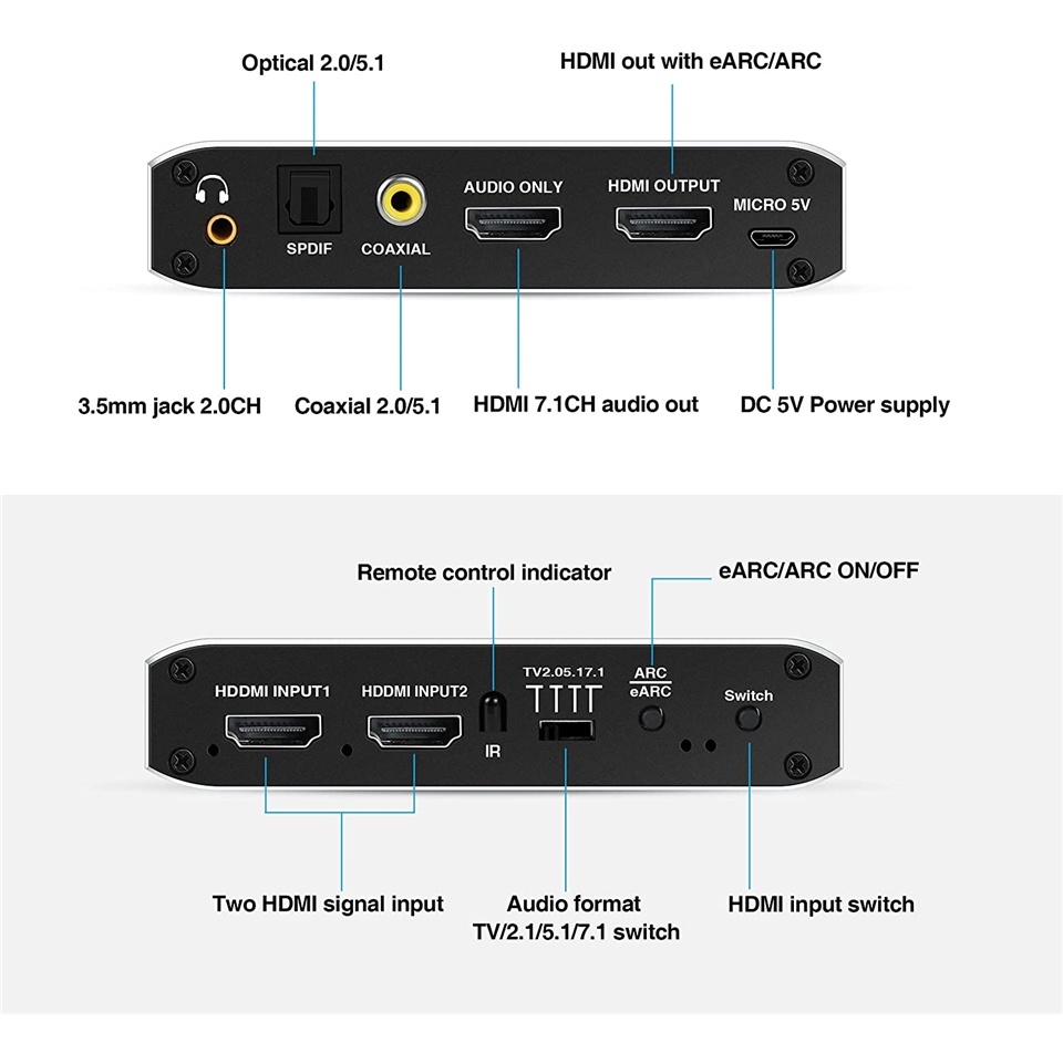 2x1 4K HDMI EARC Audio Extractor Switch พร้อม ARC & Optical Toslink HDMI 2.0 Switch 4K 60Hz HDMI to Toslink/Coaxial