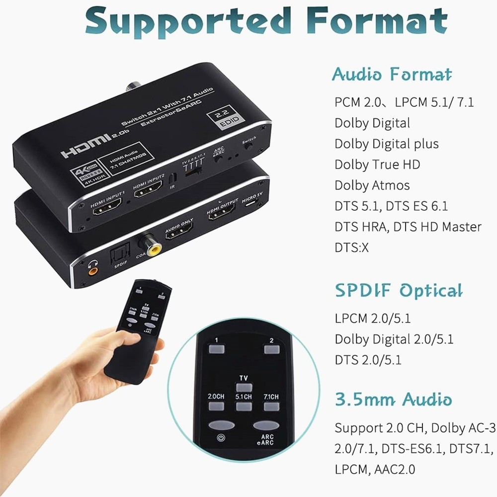 2x1 4K HDMI EARC Audio Extractor Switch พร้อม ARC & Optical Toslink HDMI 2.0 Switch 4K 60Hz HDMI to Toslink/Coaxial