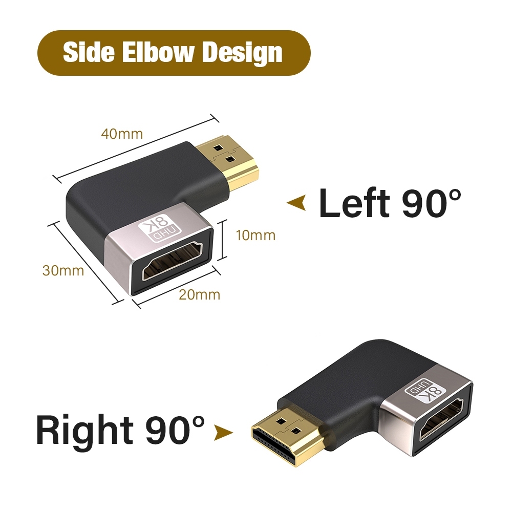 8k 60HZ 4K 120HZ HDMI Connector อะแดปเตอร์ขนาดเล็ก 90 องศามุมขวาข้อศอก Extender Cable HDTV Converter 48Gbps HD 2.1 HDMI2.1