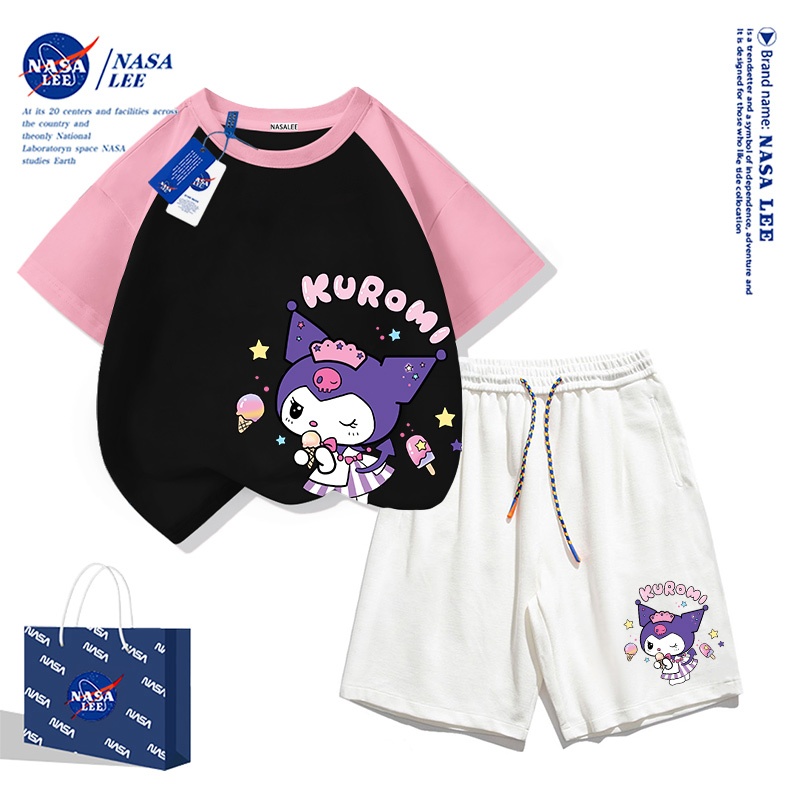 NASA ชุดเสื้อยืดแขนสั้นผ้าคอตตอนลายคูโรมิสีชมพูดำและกางเกงขาสั้น สำหรับเด็กผู้หญ