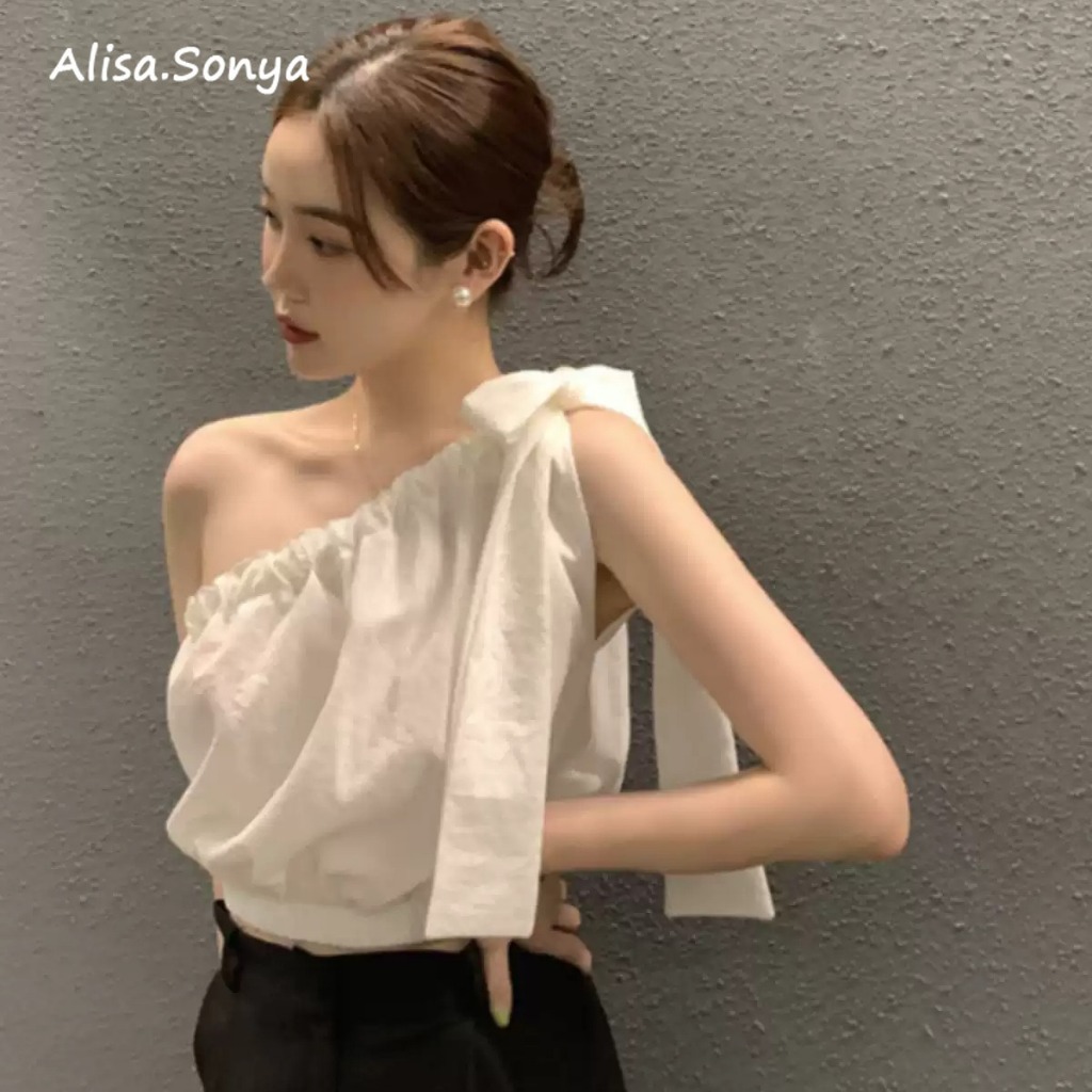 Alisa.Sonya เสื้อกั๊ก ผู้หญิง ไหล่เดียว สไตล์เกาหลี สายเดี่ยว ยืดหยุ่น ทรงหลวม ผูกจีบ 24AS1082