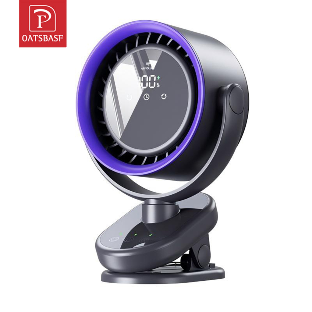 OATSBASF ‌พัดลมตั้งโต๊ะแบบพกพา พร้อมการออกแบบแบบหนีบและติดผนัง, หัวเขย่าอัตโนมัติ, การดําเนินงานเงียบ, จอแสดงผลดิจิตอลอัจฉริยะสําหรับบ้าน/สํานักงานระบายคว