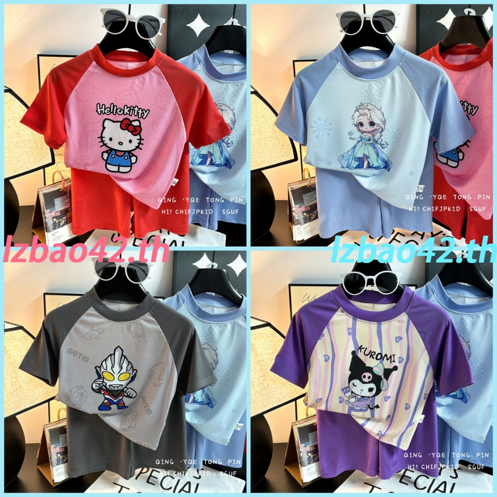 ชุดสองชิ้นสำหรับเด็ก Kuromi รุ่นฤดูร้อน กางเกงขาสั้นแขนสั้น Princess Elsa ชุดกีฬาสำหรับเด็ก Ultraman การ์ตูนแขนสั้น เสื้อยืด KTCAT ชุดนอนเด็กหญิง ชุดโฮมแวร์ Hello Kitty
