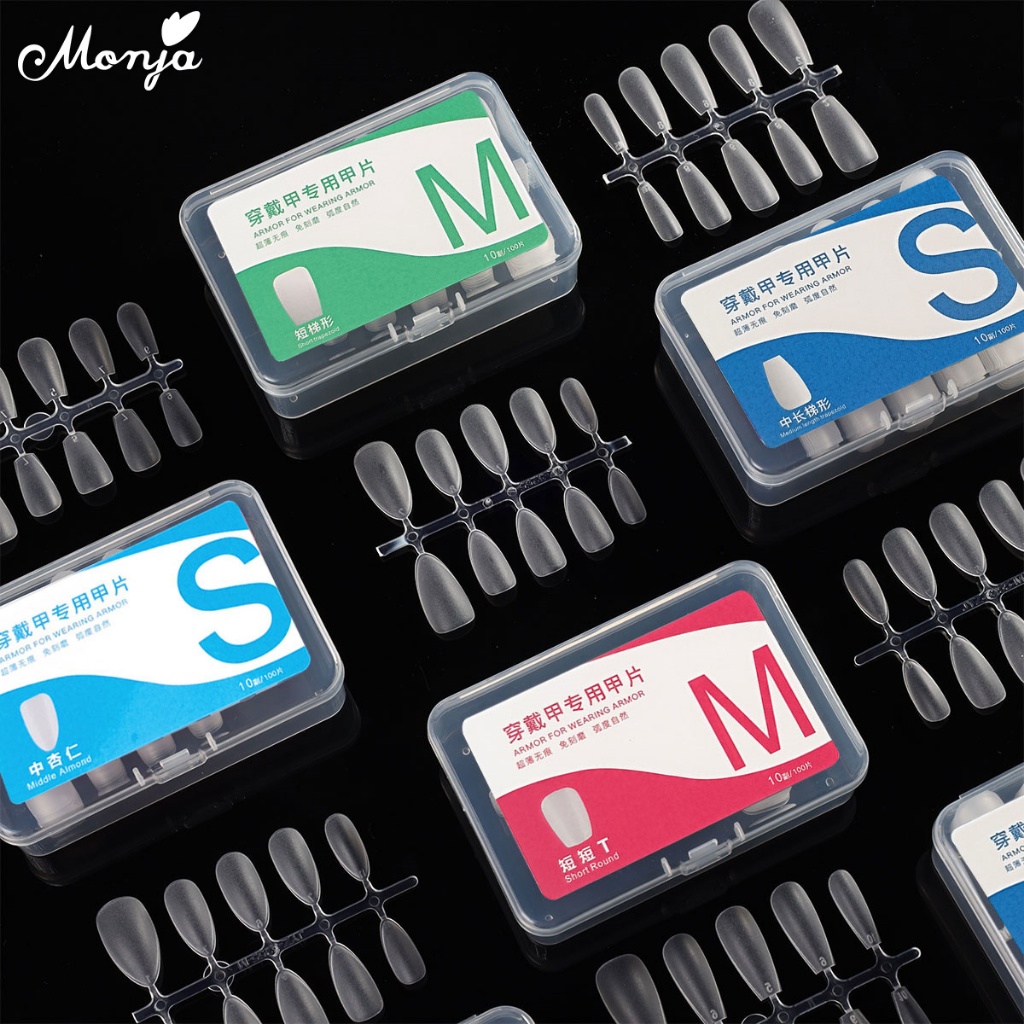 Monja 100 ชิ้น/กล่องเล็บประดิษฐ์กดบน เคล็ดลับเล็บปลอมสั้นอัลมอนด์คลุม PVC Matte clear manicure DIY