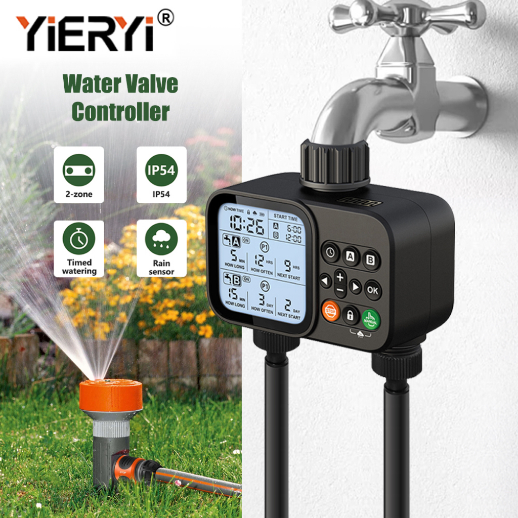 Yieryi Dual Outlet อัจฉริยะชลประทานวาล์วน้ําจับเวลารดน้ําอัตโนมัติ Rain Sensor หน้าจอ Backlit YG-WT08 สําหรับ Orchard สวนสนามหญ้ารดน้ํา
