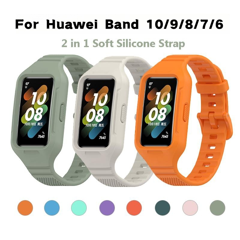 2 in 1 สายซิลิโคนสําหรับ Huawei Band 10/9/8/7/6Soft สายรัดข้อมือสร้อยข้อมือสําหรับ Huawei Band 8 9 10 สายสําหรับนาฬิกา Case Protector สําหรับ Honor Band 6/7