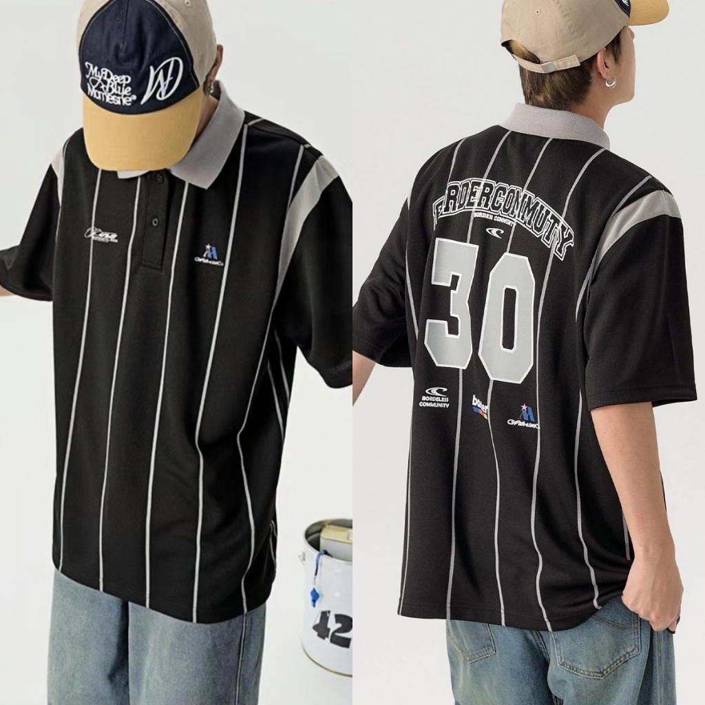 ProMan-แขนสั้นคอปกลายทางผู้ชาย  เสื้อโปโล  สไตล์อเมริกันวินเทจ  ชุดคู่รัก