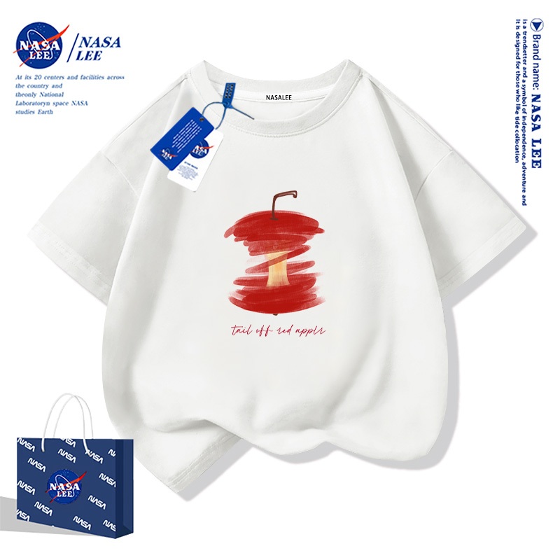 NASA เสื้อยืดเด็กสไตล์อเมริกัน 2025 ผ้าฝ้ายนุ่ม แขนสั้น ลายแอปเปิ้ลแดง สำหรับหน้าร้อน